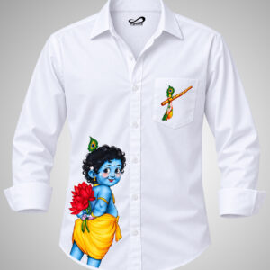 Men’s White Vivegham Printed Shirt with Krishna Design – Full Sleeve