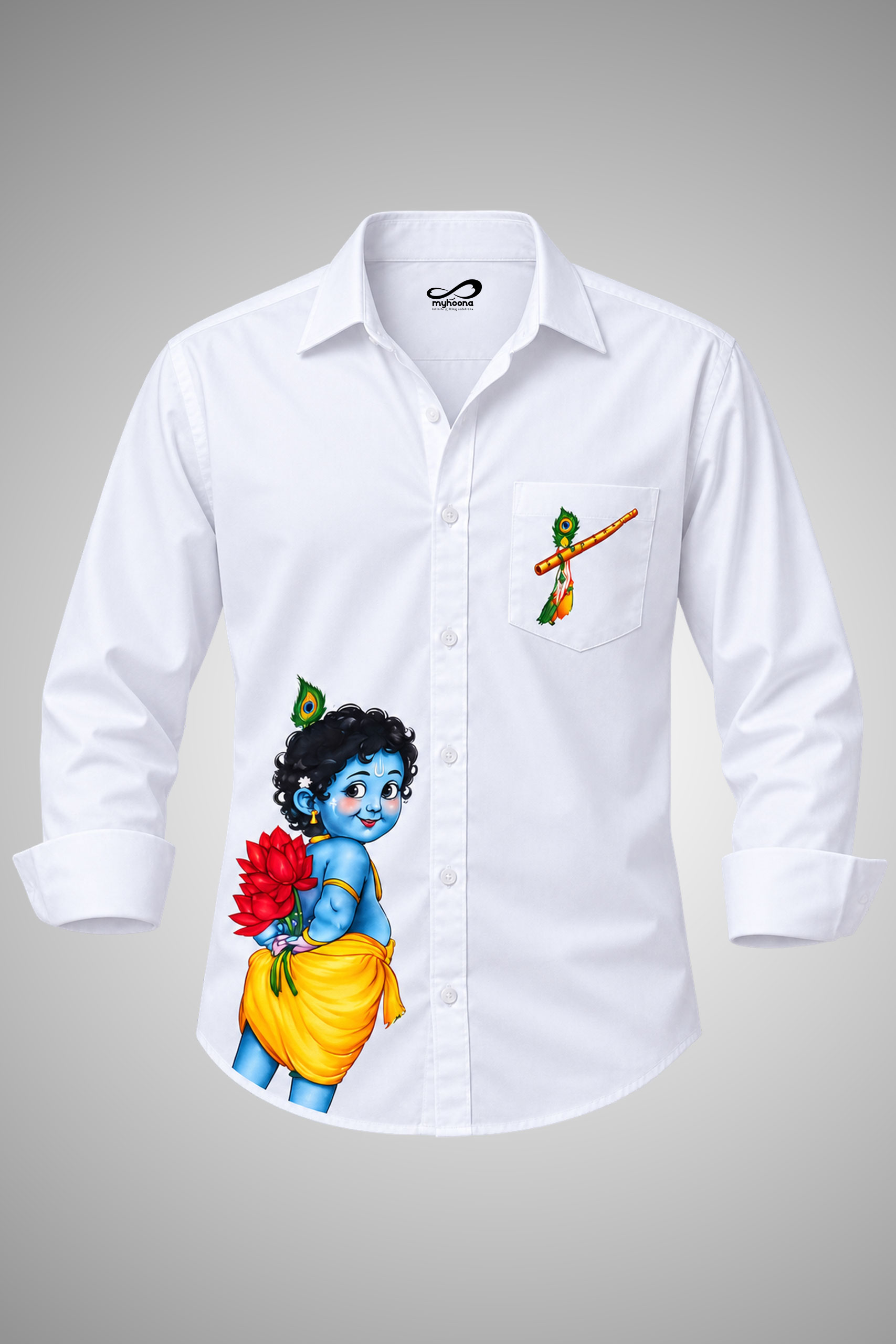Men’s White Vivegham Printed Shirt with Krishna Design – Full Sleeve - Image 2