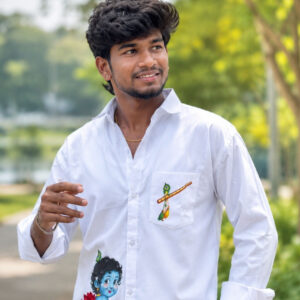 Men’s White Vivegham Printed Shirt with Krishna Design – Full Sleeve
