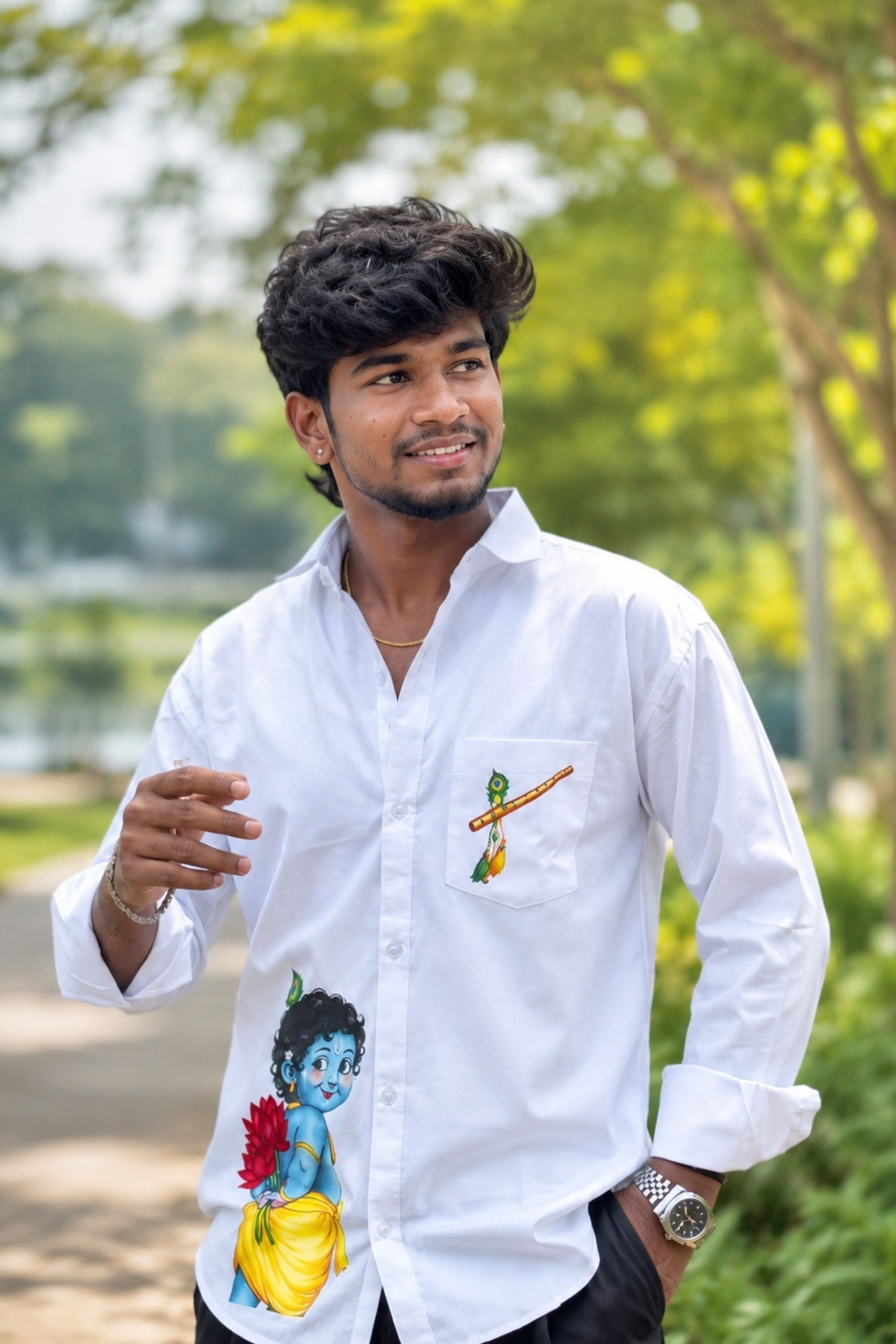 Men’s White Vivegham Printed Shirt with Krishna Design – Full Sleeve