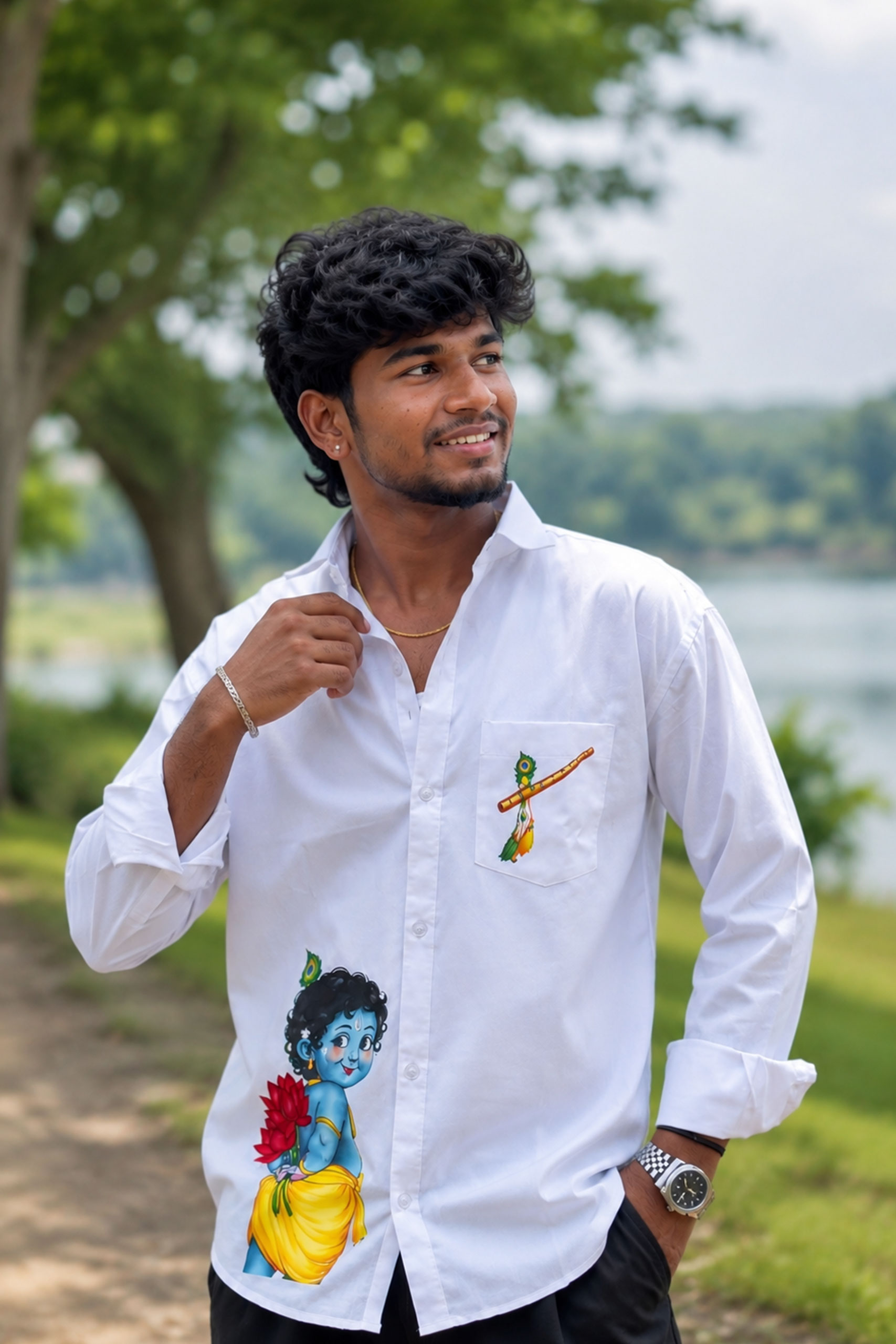 Men’s White Vivegham Printed Shirt with Krishna Design – Full Sleeve - Image 3
